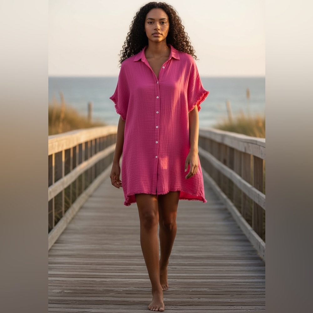 Hot Pink Womens SZ L Gauze Cotton Shirt Dress Cover Up Raw Exposed Hems Coastal